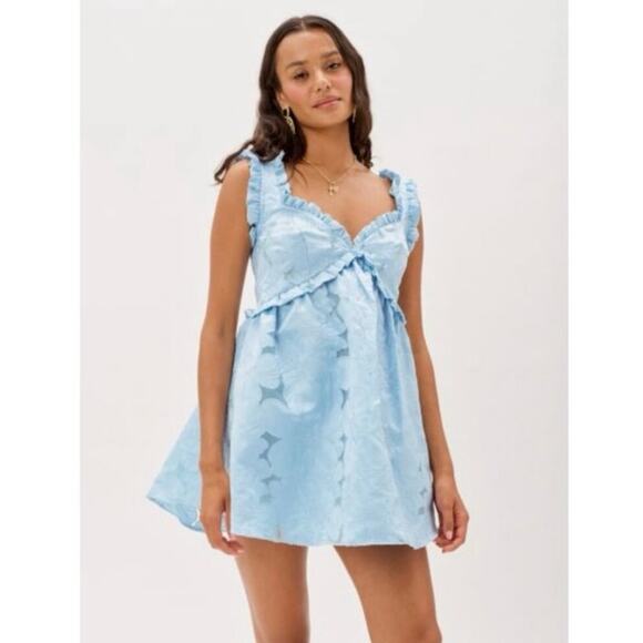 NWOT For Love & Lemons Evelyn Blue Party Jacquard Ruffle Mini Dress Size L - Picture 1 of 11